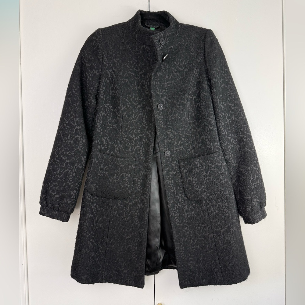 United Colors of Benetton Black Floral Lace 3D Texture Overcoat Italian Made S